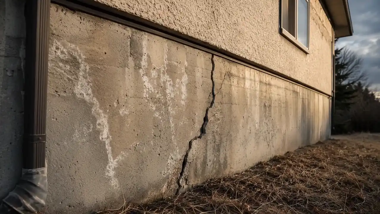 Visible crack in the exterior concrete foundation wall of a residential home